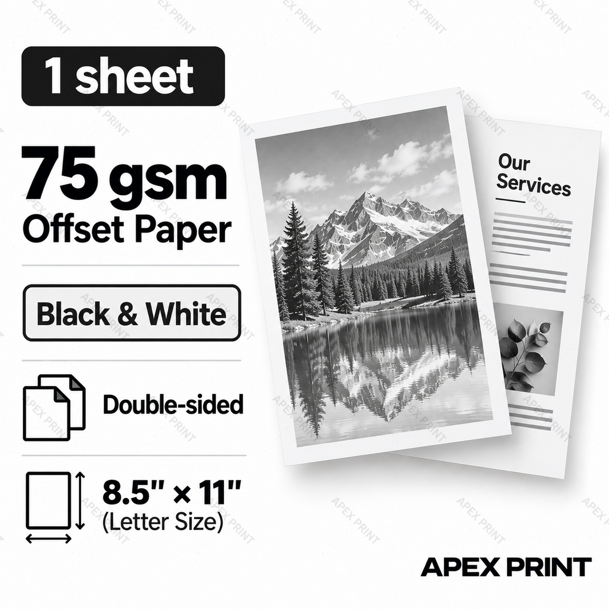 1 sheet | 75 gsm Offset Paper | Black & White | Double-sided | 8.5" × 11"