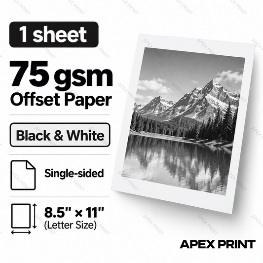 1 sheet | 75 gsm Offset Paper | Black & White | Single-sided | 8.5" × 11"